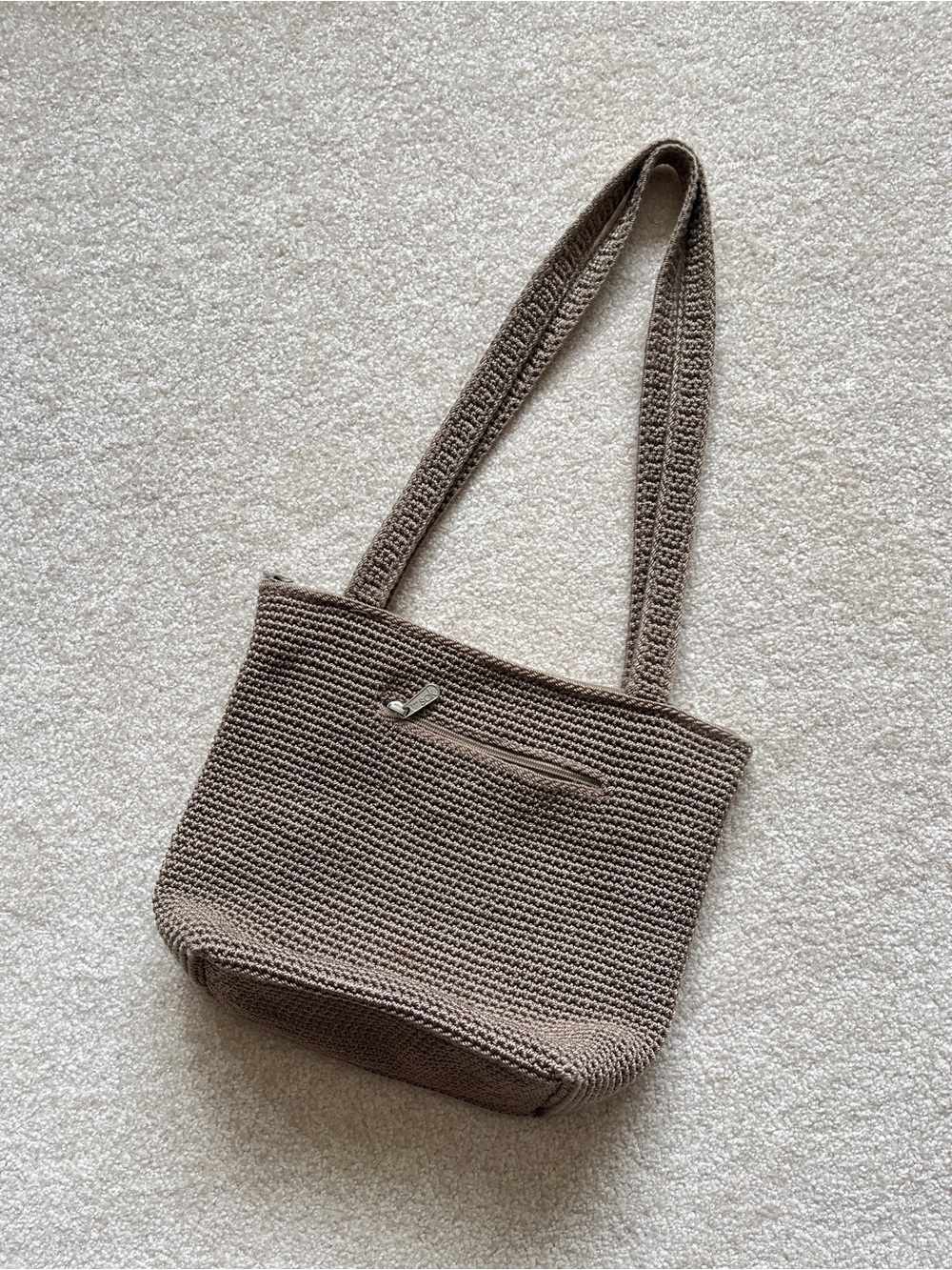 Vintage 90's The Sak Taupe Crochet Knit Brown Tote Shoulder Bag, Long Straps